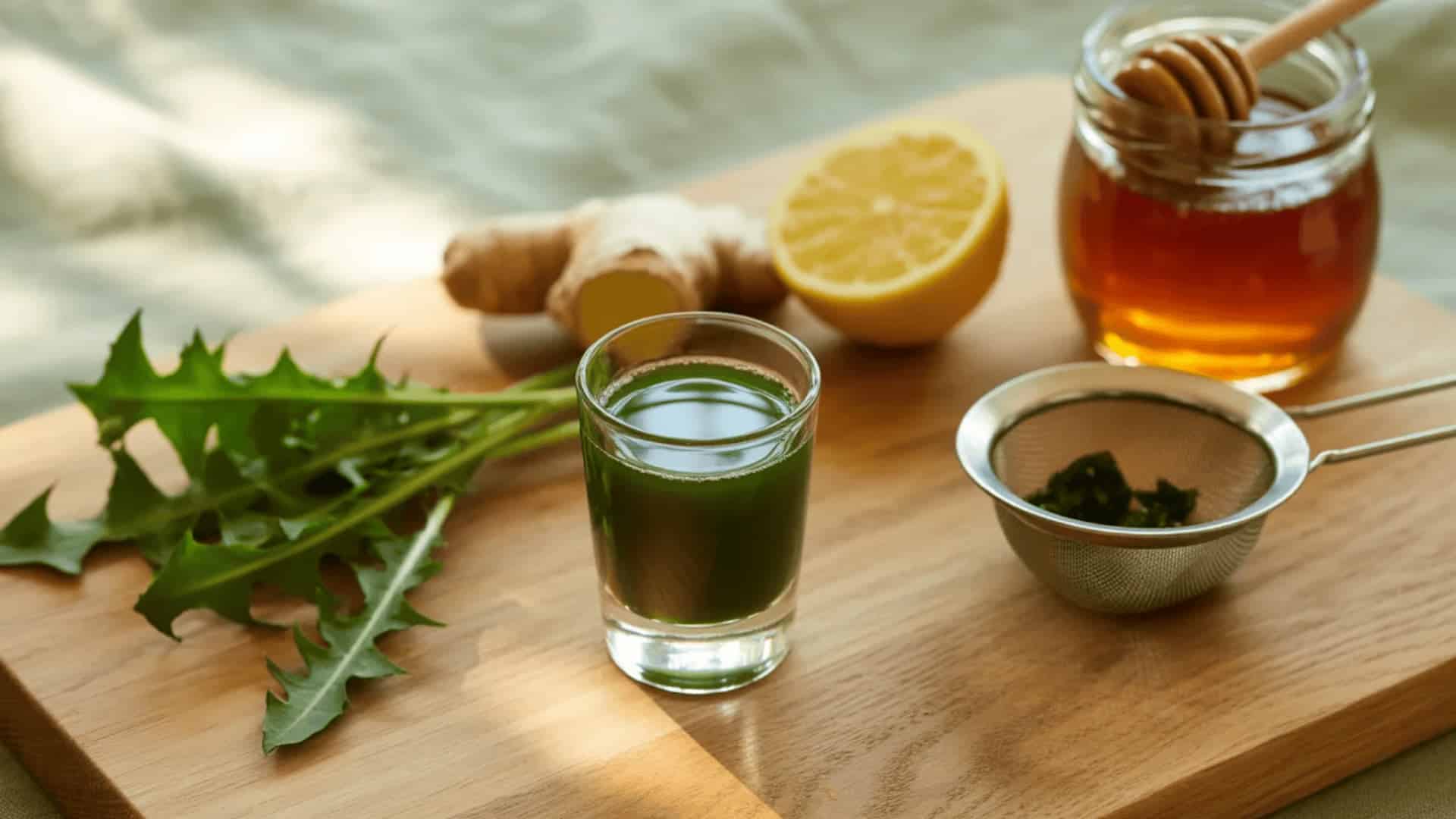shot glass of green liver detox juice with dandelion greens, ginger, lemon, and honey on a board