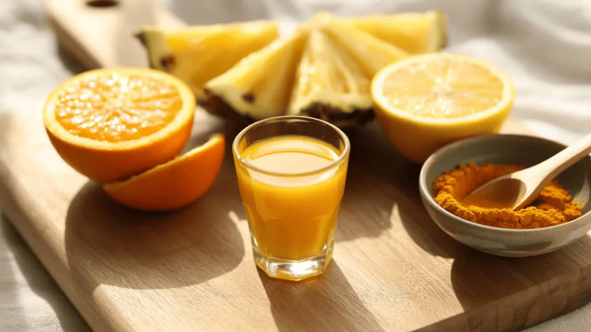 shot glass of vitamin c juice with orange, pineapple chunks, lemon, and amla powder on a wood board
