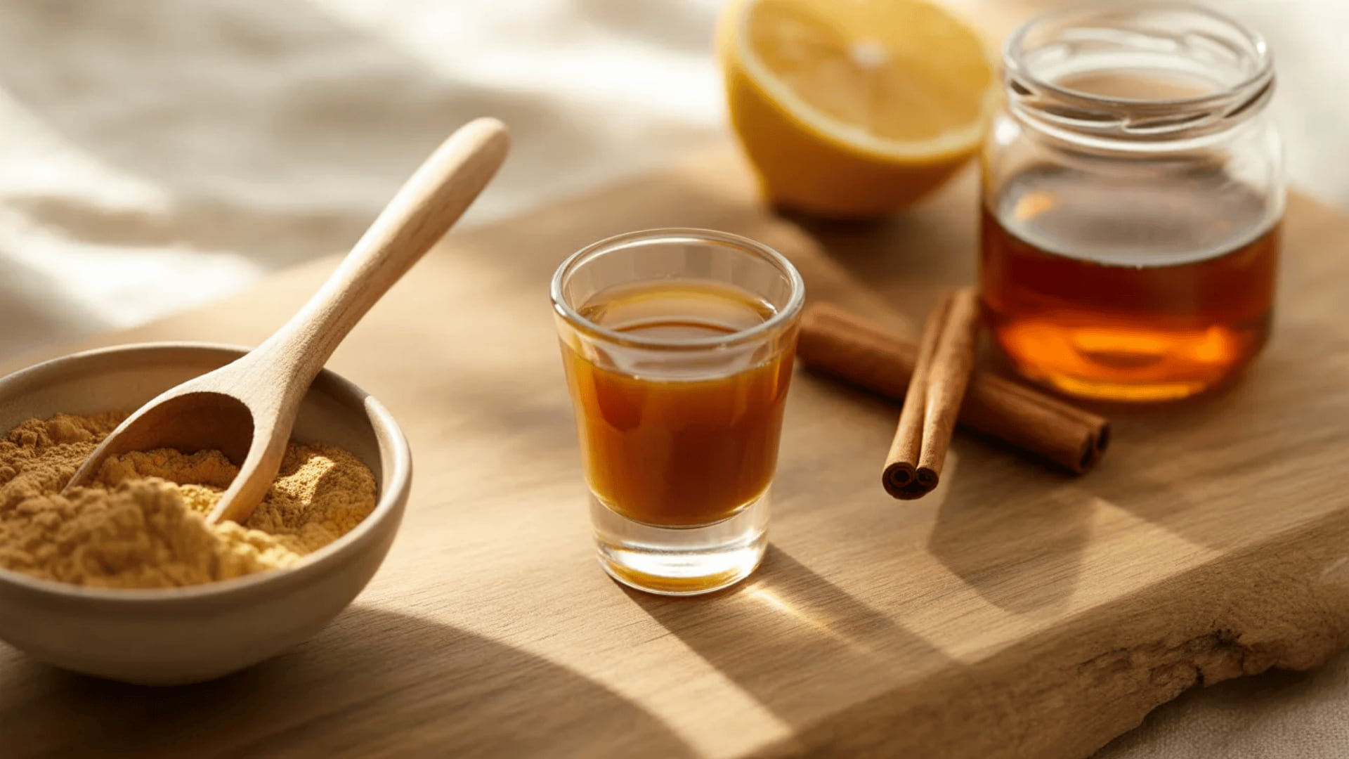 shot glass of warm ashwagandha drink with honey jar, cinnamon stick, lemon, and powder on a board