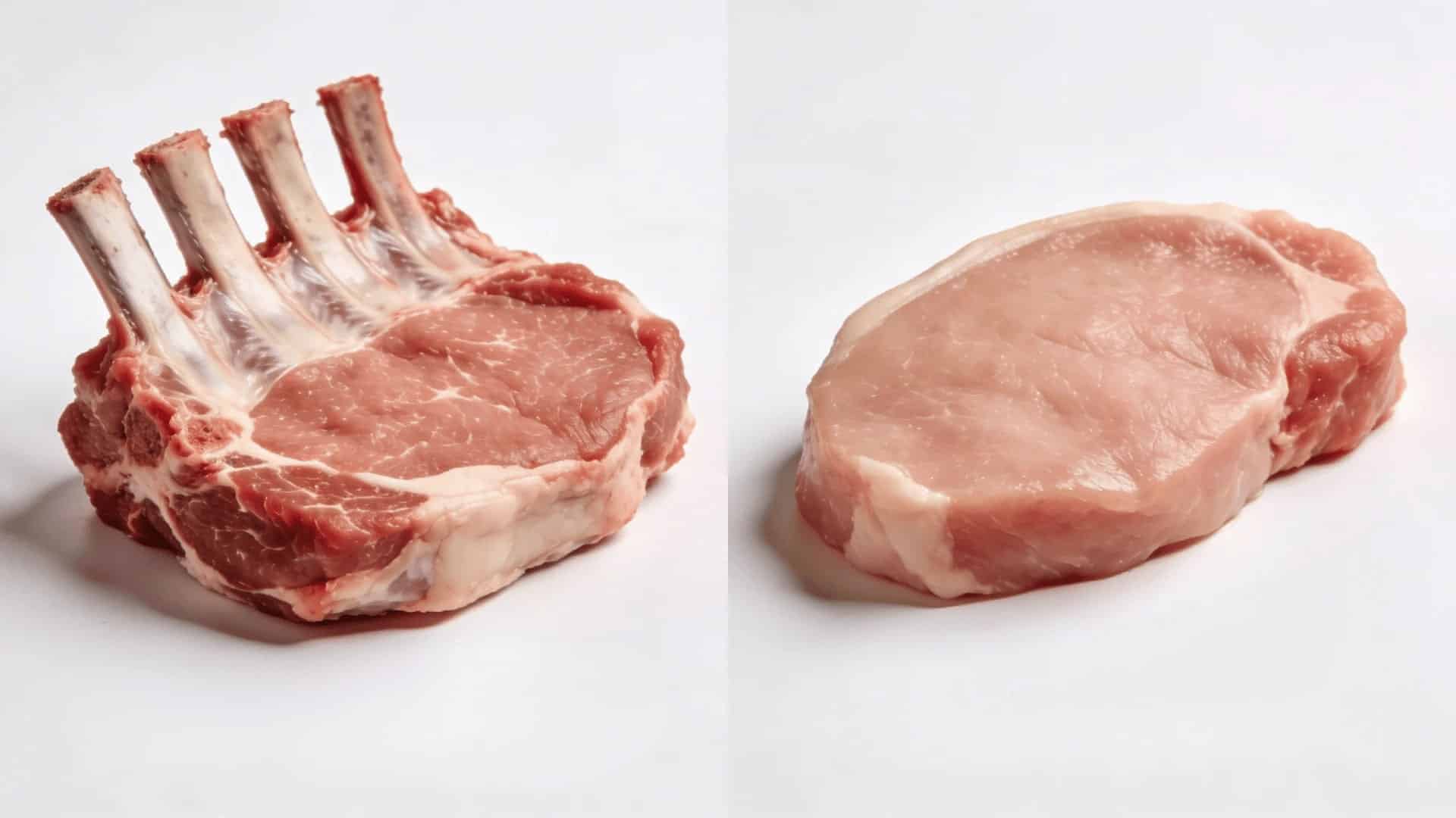 side by side comparison showing bone-in pork chop with rib bone next to boneless cut on white background