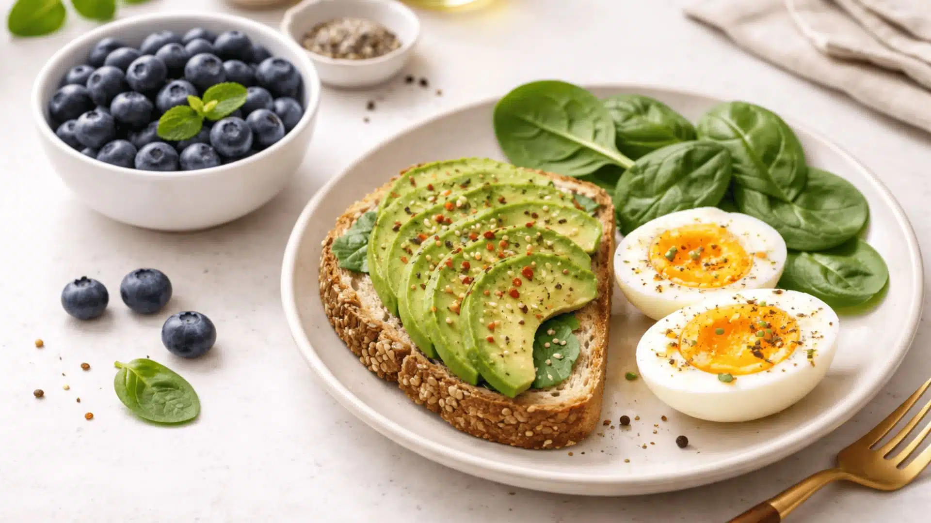 small bowl of fresh blueberries beside sliced avocado and soft boiled egg on a white kitchen counter, soft light