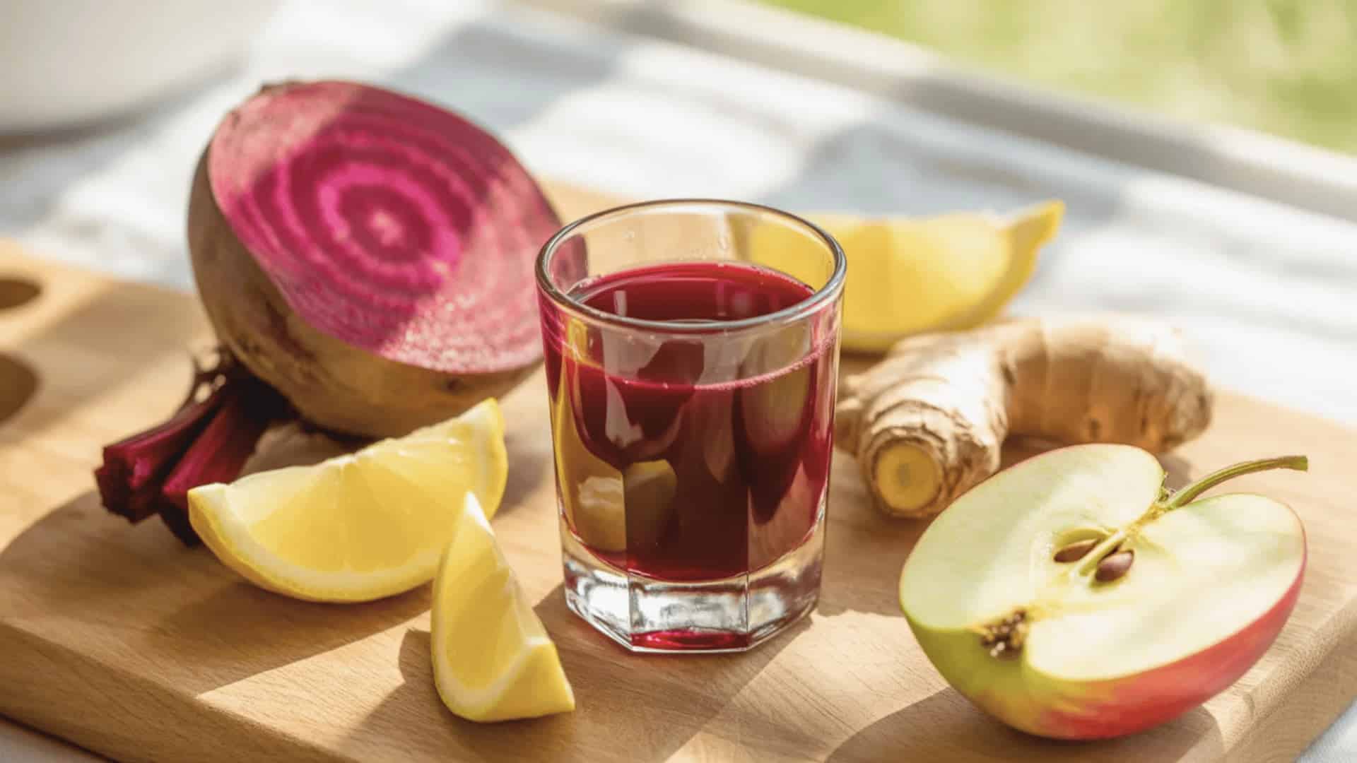 small shot glass of beetroot juice with fresh beet, ginger, lemon, and apple on a wooden board