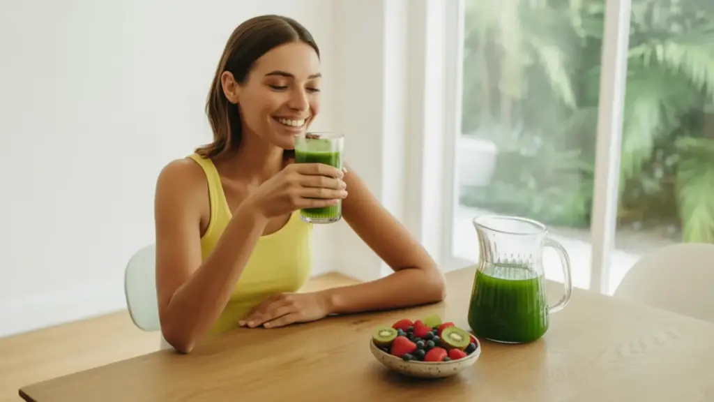 smiling woman in yellow tank top drinking a green smoothie at a table with a bowl of fresh fruit and a pitcher