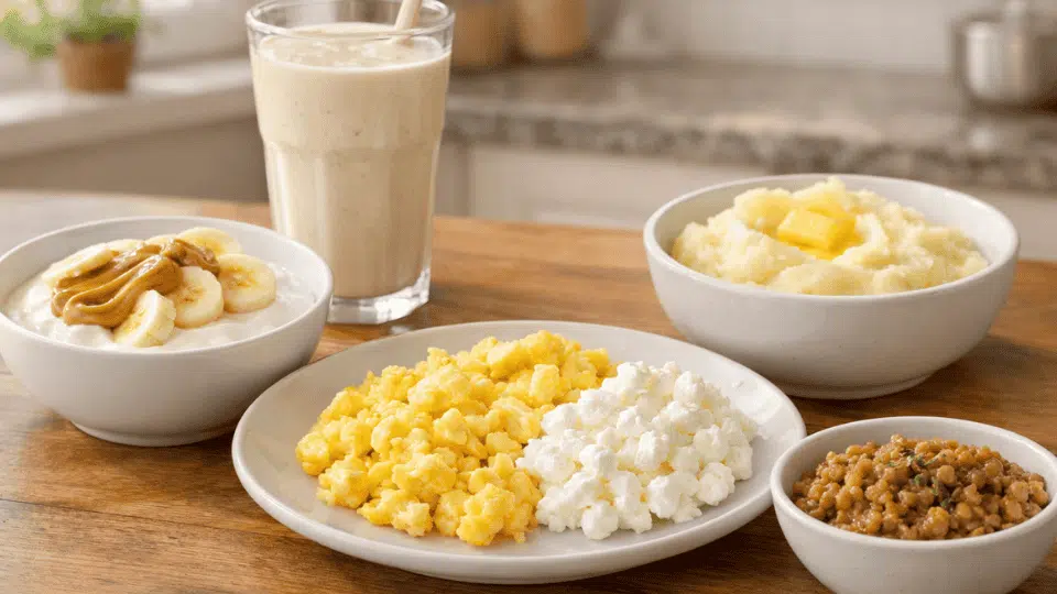 soft high-protein foods on a table yogurt with banana and peanut butter, smoothie, scrambled eggs, cottage cheese, mashed potatoes and lentils