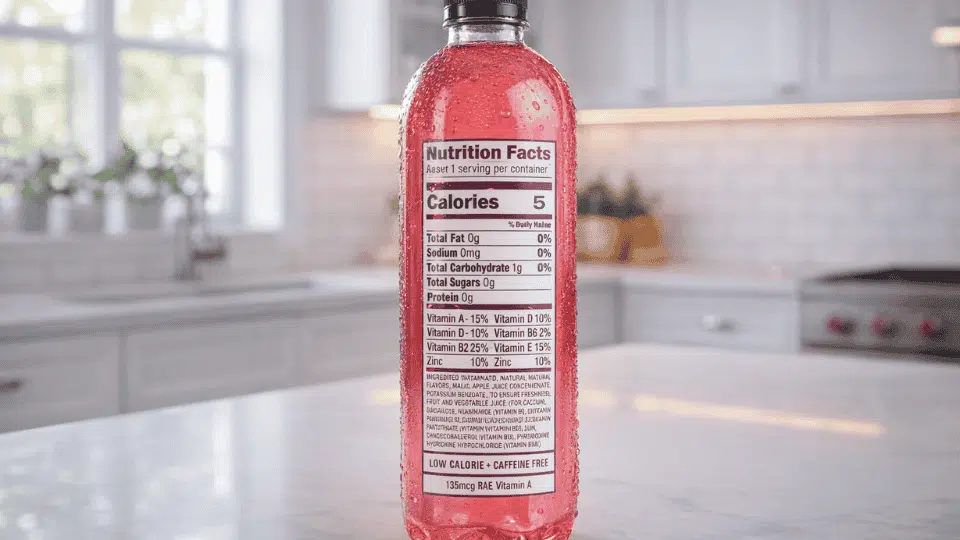 sparkling Ice bottle showing nutrition facts label on the back, placed on a kitchen counter with natural light in a modern kitchen background