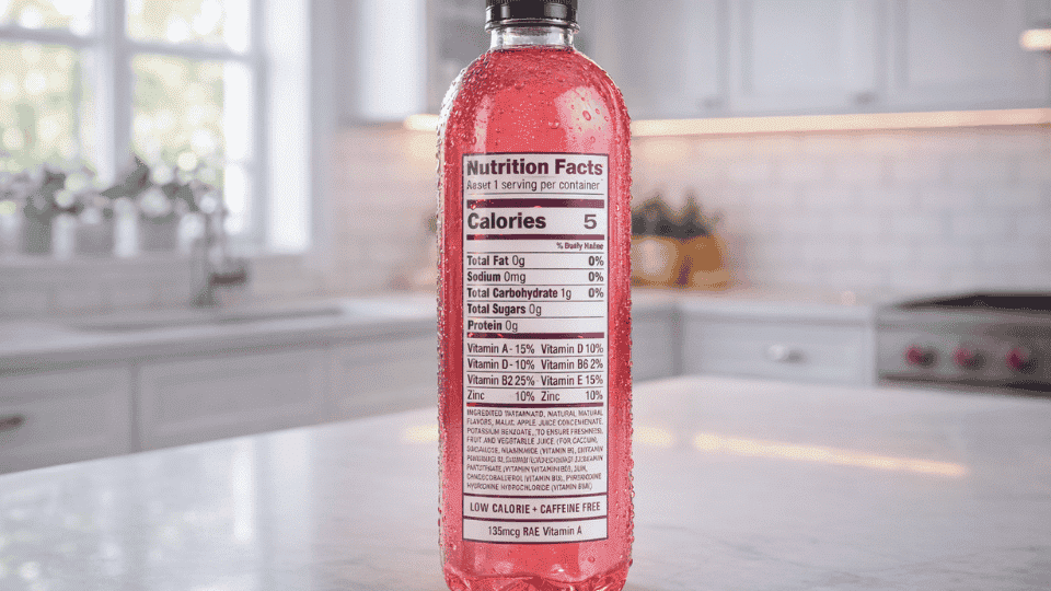 sparkling Ice bottle showing nutrition facts label on the back, placed on a kitchen counter with natural light in a modern kitchen background