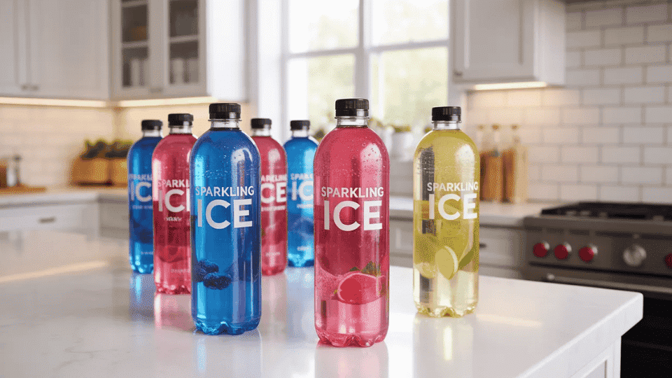 sparkling Ice flavored bottles on a kitchen counter in a bright modern kitchen with natural light and clean background