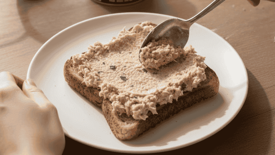 spreading a creamy tuna mixture onto a piece of crisp toast with a metal spoon