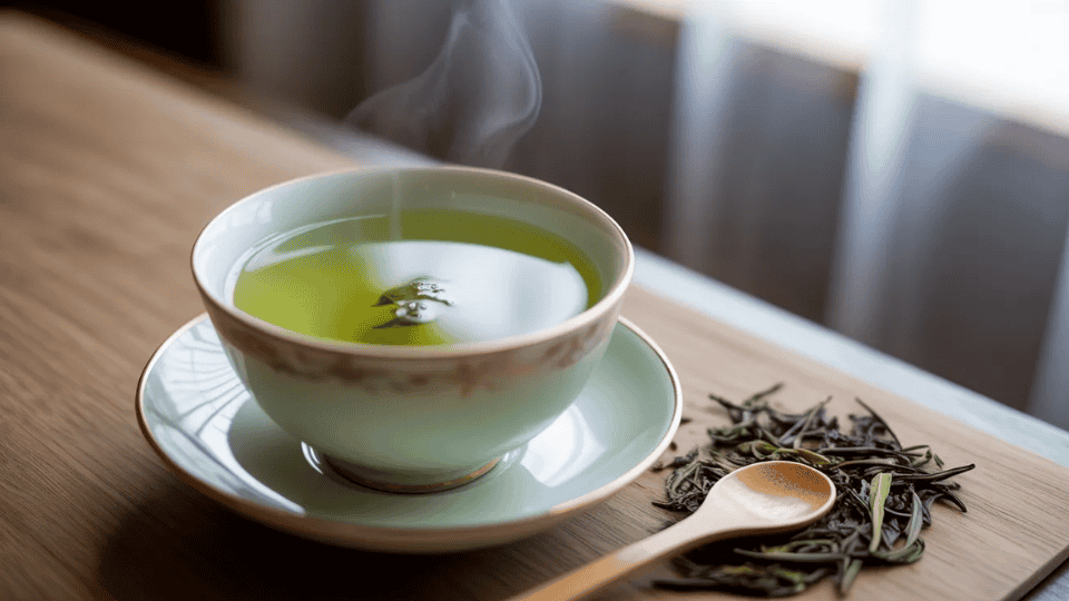 steaming cup of green tea with loose leaves on a wooden table, a popular herb for weight loss support