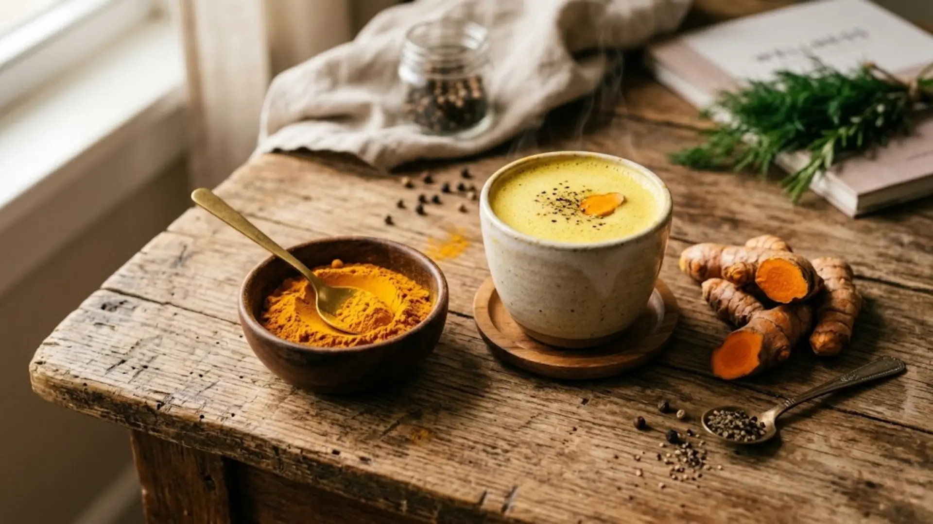 steaming golden latte and turmeric powder in a wooden bowl with fresh roots on a rustic table by a sunny window