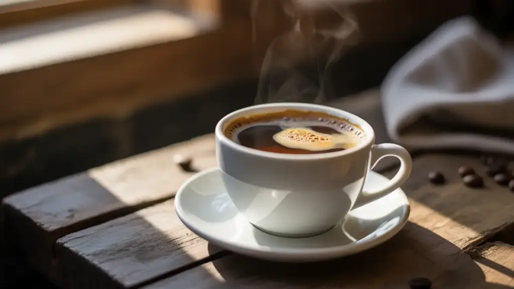 steaming white cup of coffee on a wooden table in sunlight which can trigger coffee, heartburn symptoms in some people