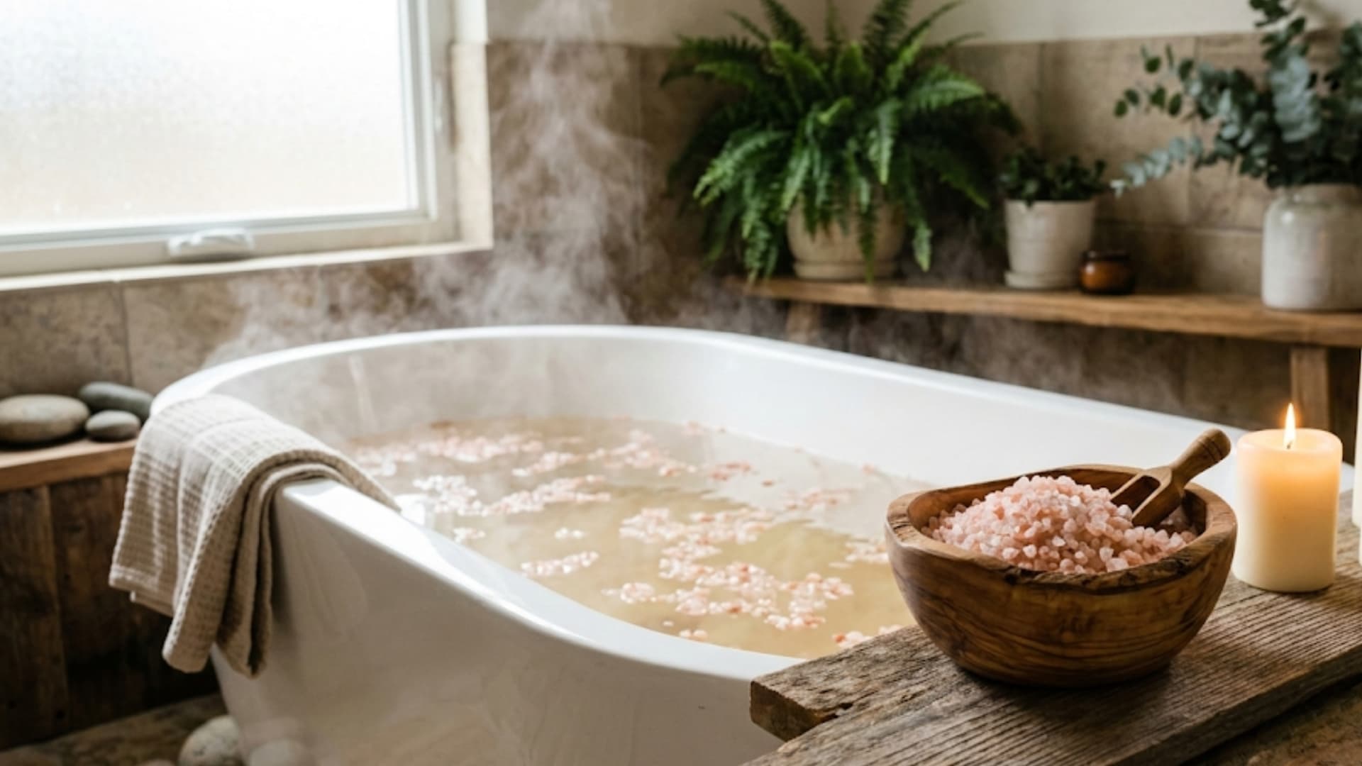 steamy spa bathtub with himalayan salt, candles, and lush greenery