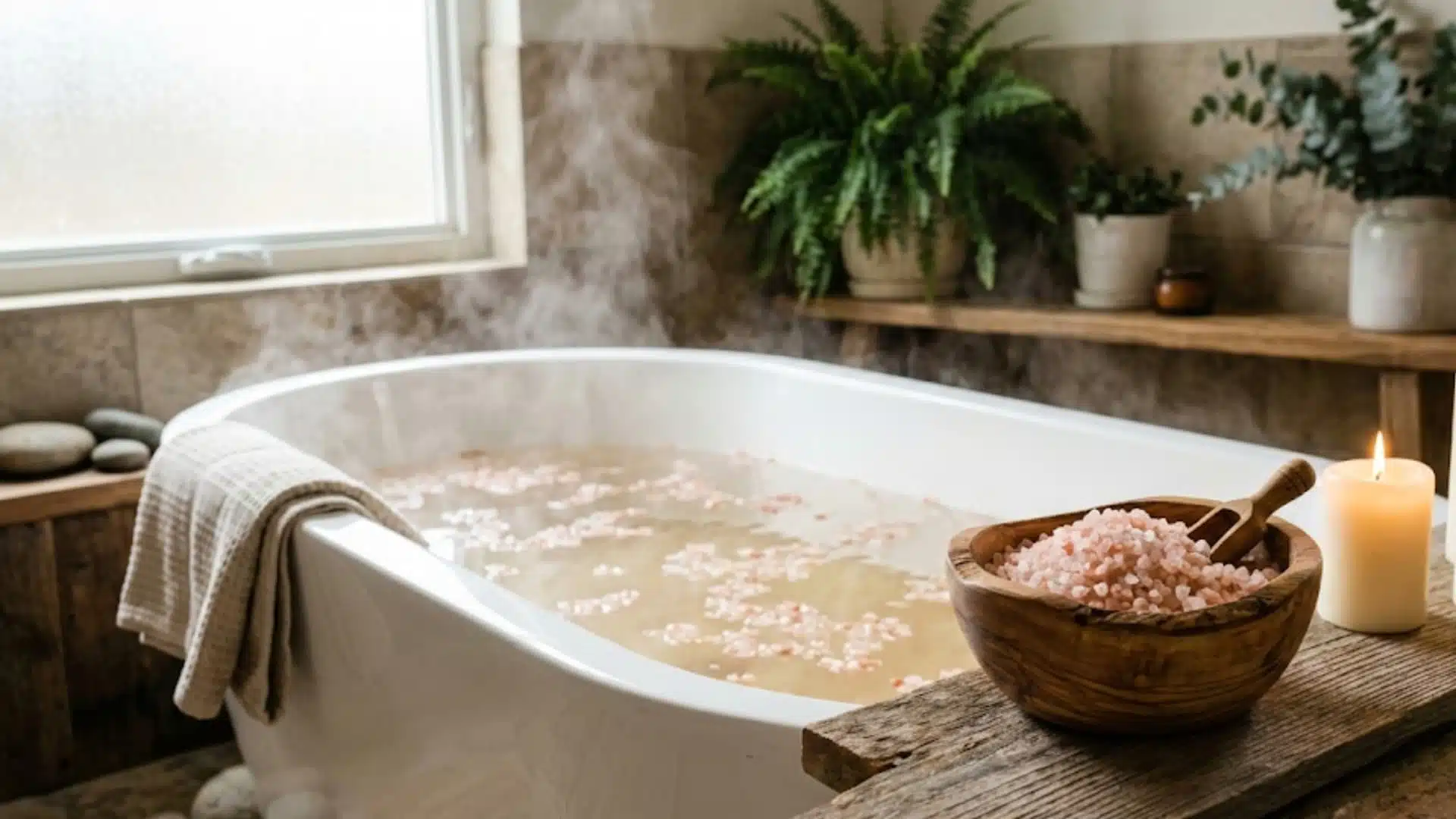 steamy spa bathtub with himalayan salt, candles, and lush greenery