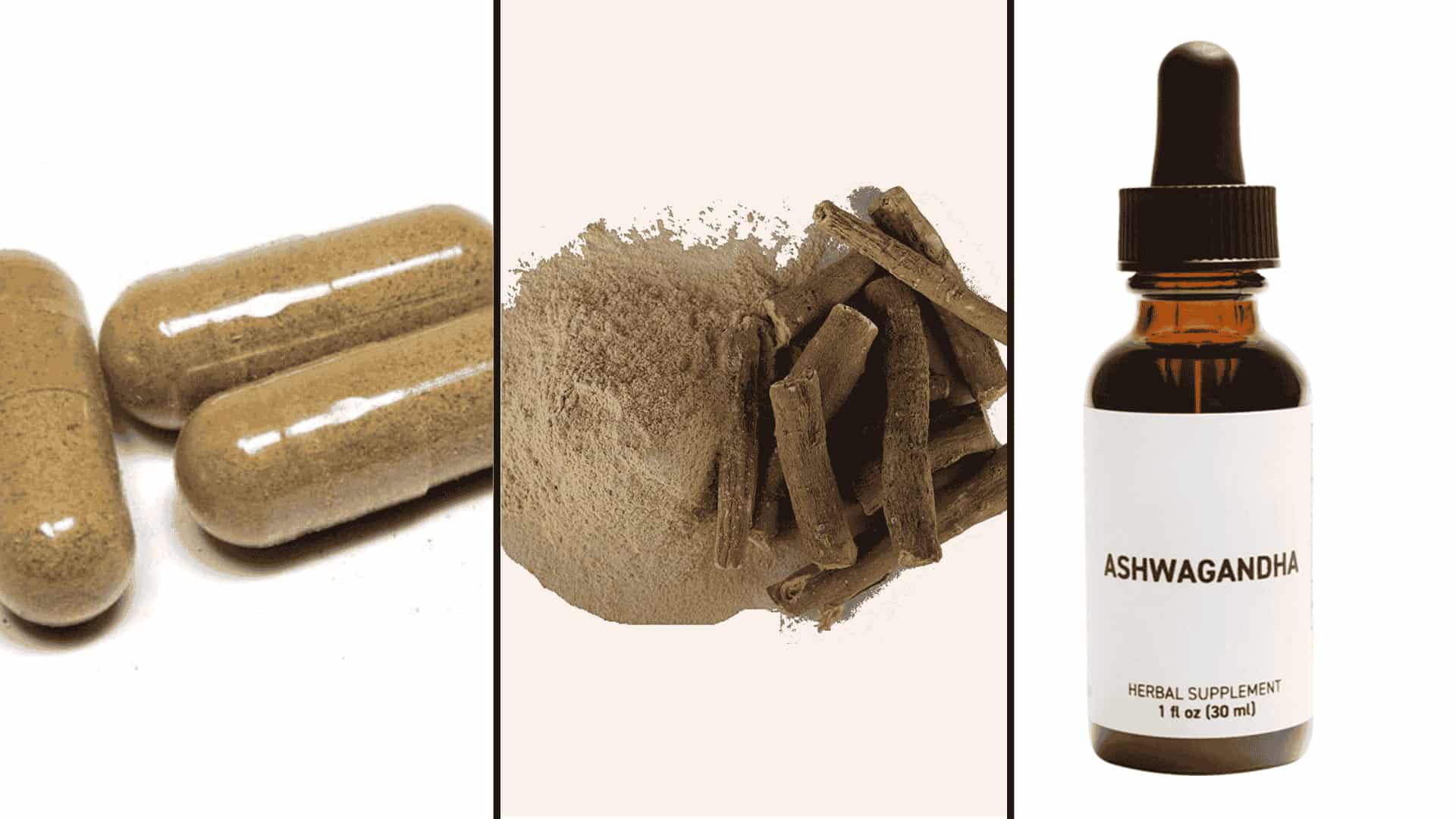 three forms of ashwagandha supplement capsules powder with root sticks and liquid extract dropper bottle