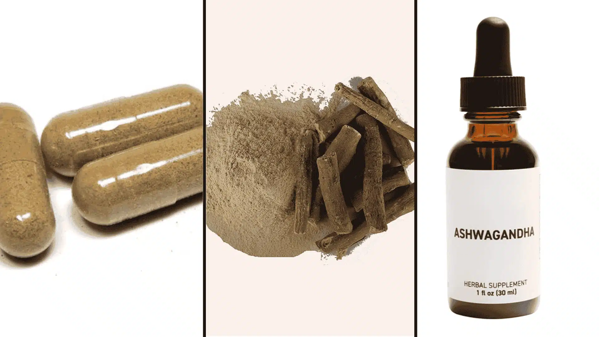 three forms of ashwagandha supplement capsules powder with root sticks and liquid extract dropper bottle
