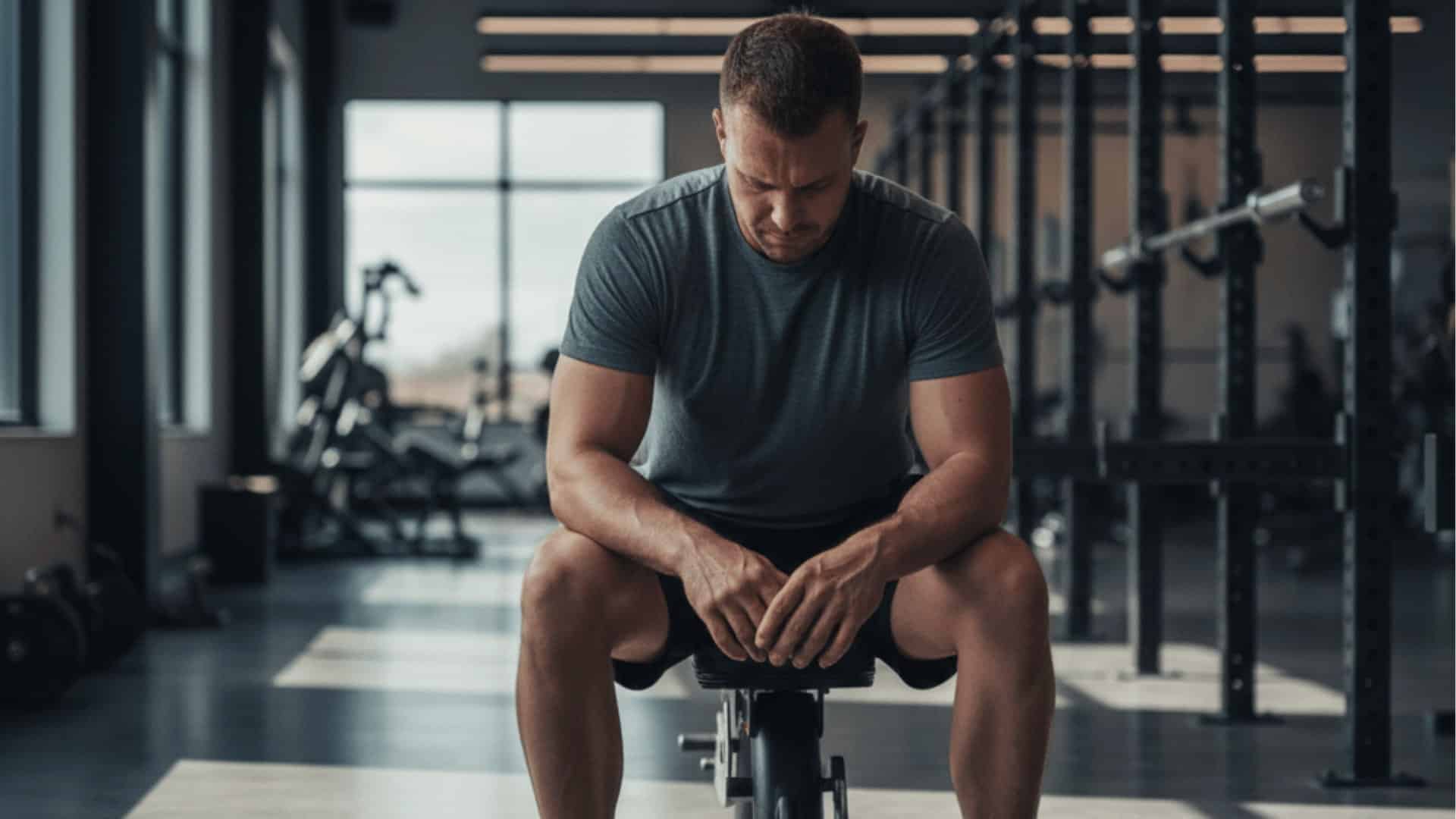 tired athlete sitting on a gym bench looking exhausted with head down in a modern gym with natural window lighting
