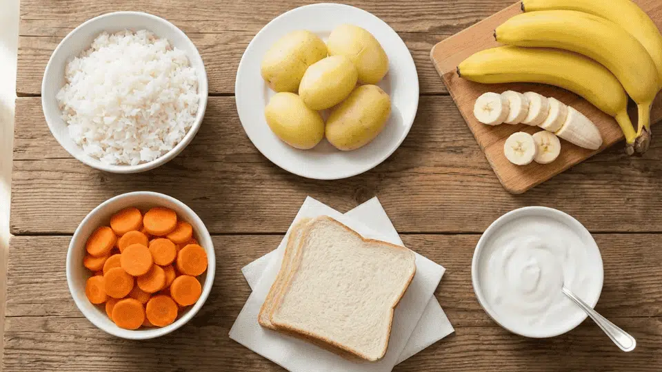 top view of easy-to-digest foods including white rice, boiled potatoes, bananas, carrots, yogurt, and white bread on a wooden table