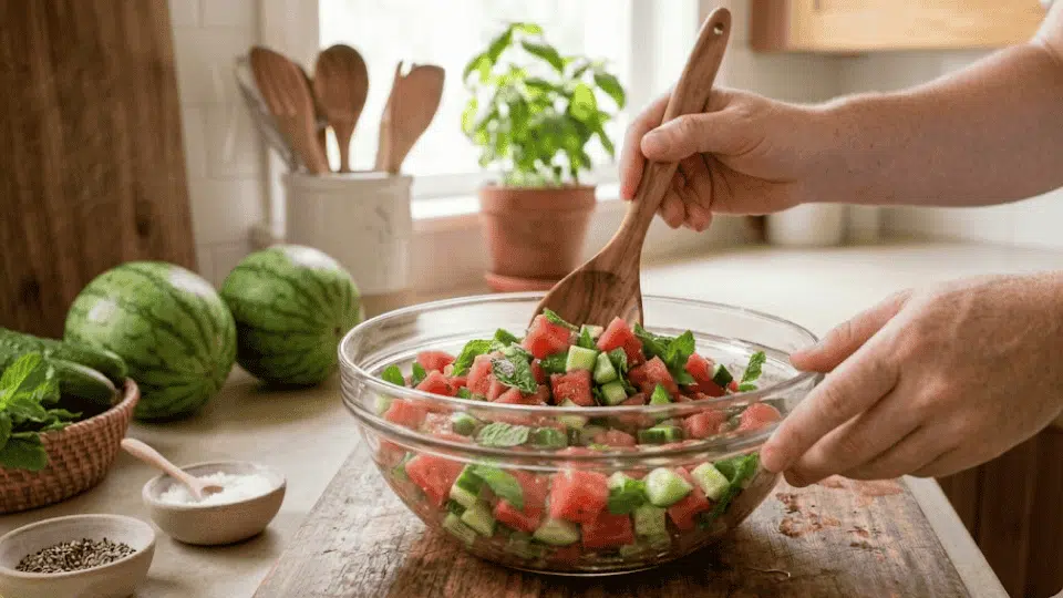 tossing watermelon, cucumber, and mint salad in a glass bowl with a wooden spoon on a kitchen counter