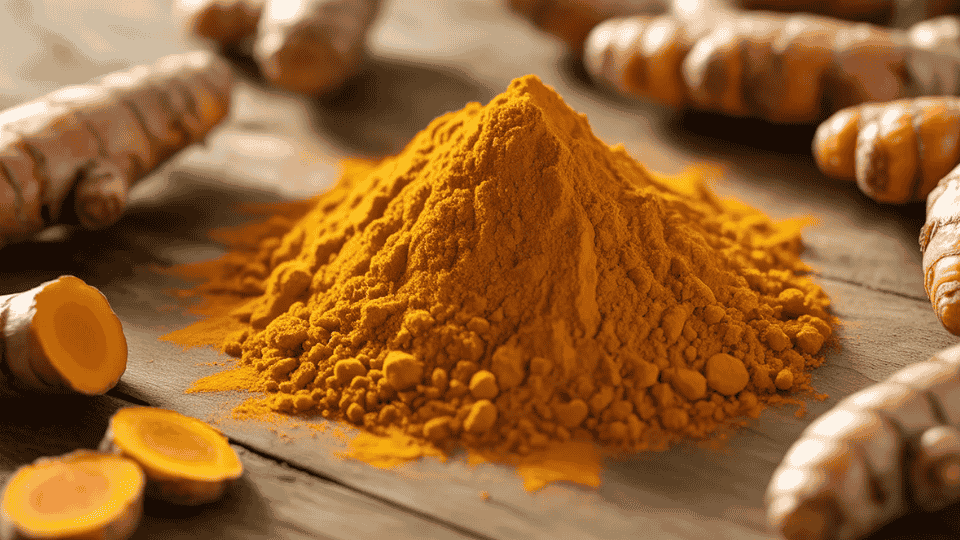 turmeric powder with fresh turmeric roots on a wooden surface, a popular herb used to support weight loss and reduce inflammation