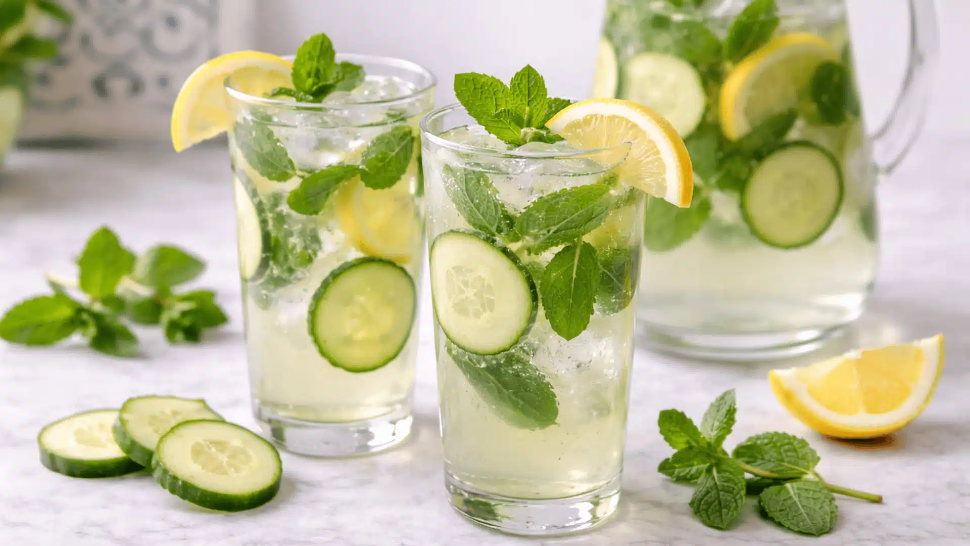 two glasses of cucumber mint detox water with ice and fresh ingredients on marble counter in natural light