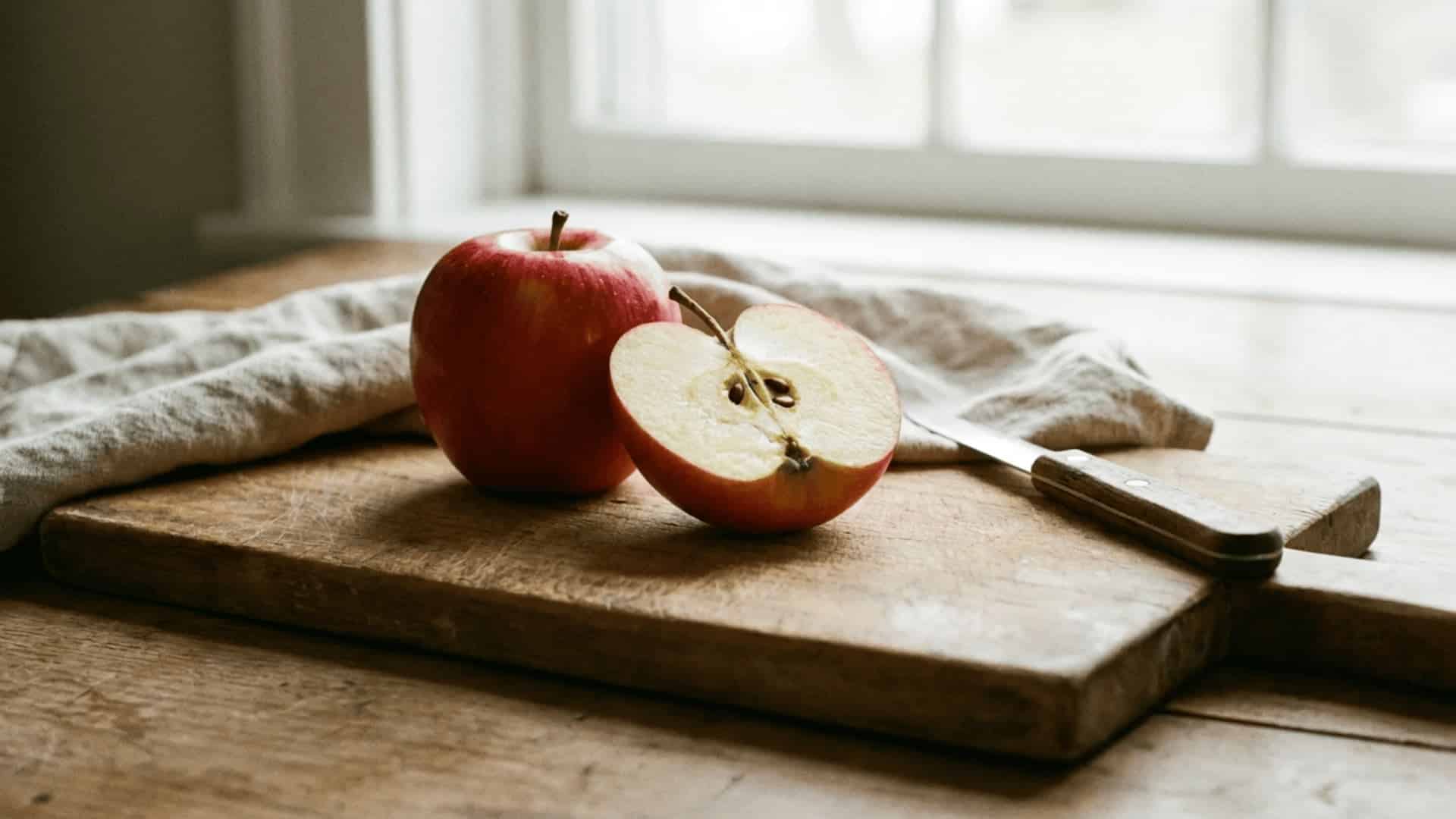 two red apples one whole and one sliced open on a clean wooden board in soft natural lighting