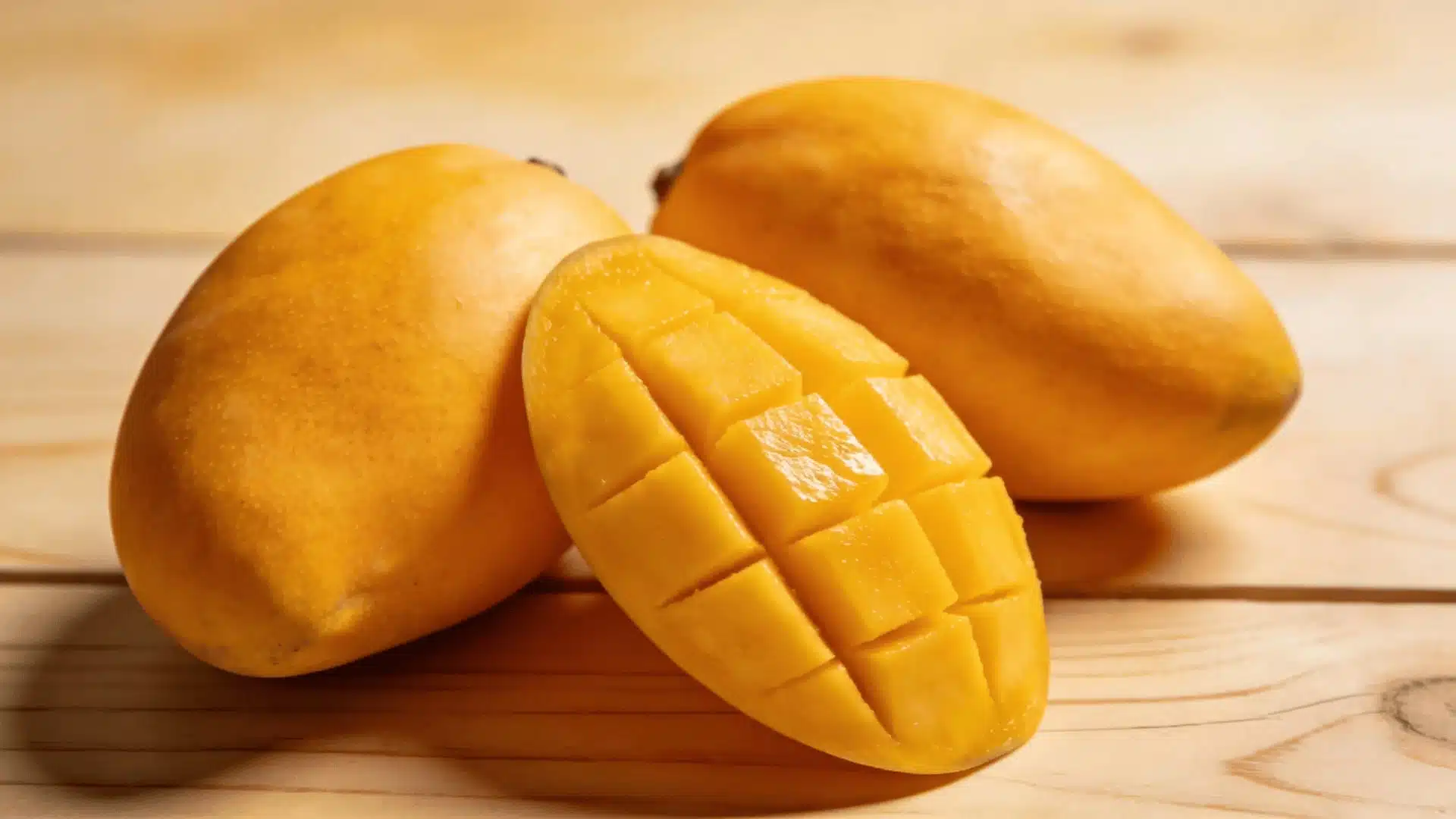 two ripe whole mangoes and one sliced mango showing yellow flesh on a light wooden surface