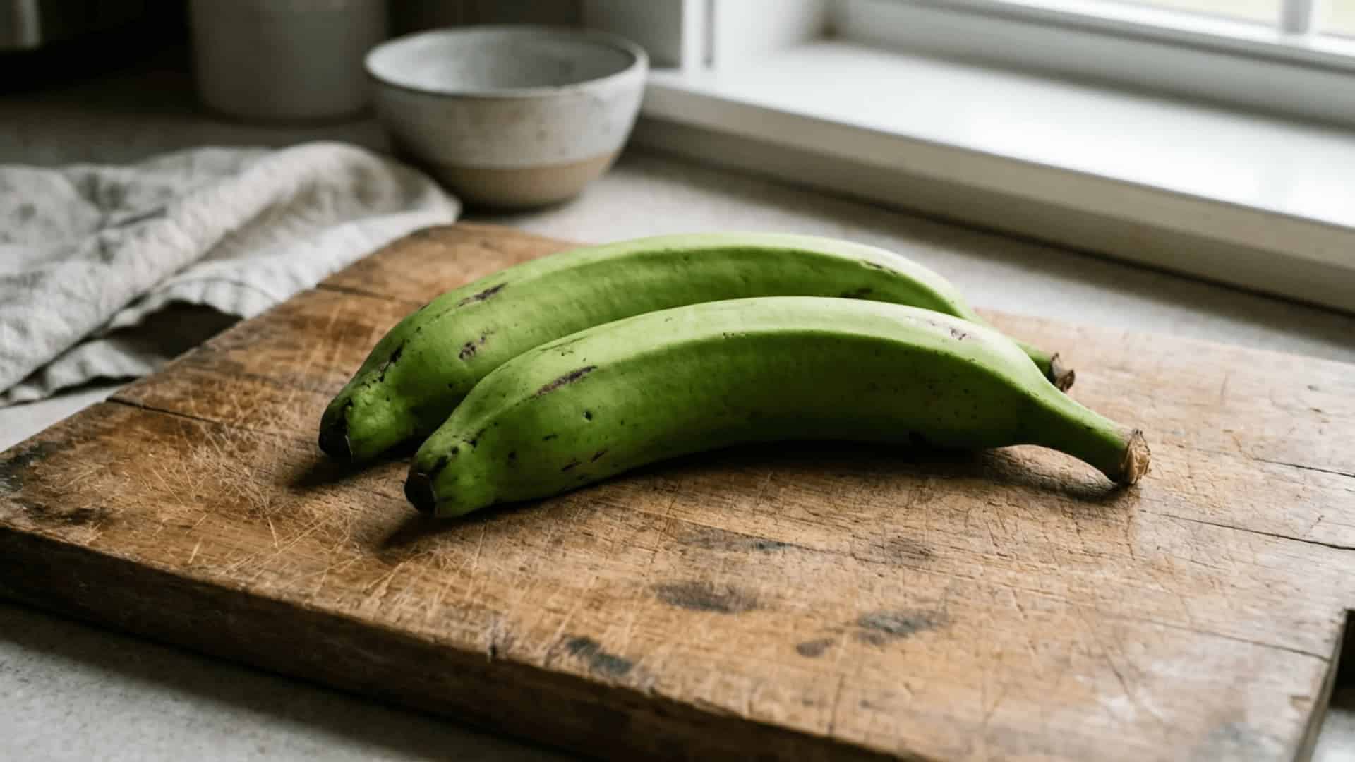 two whole green plantains placed side by side on a rustic wooden cutting board in natural daylight