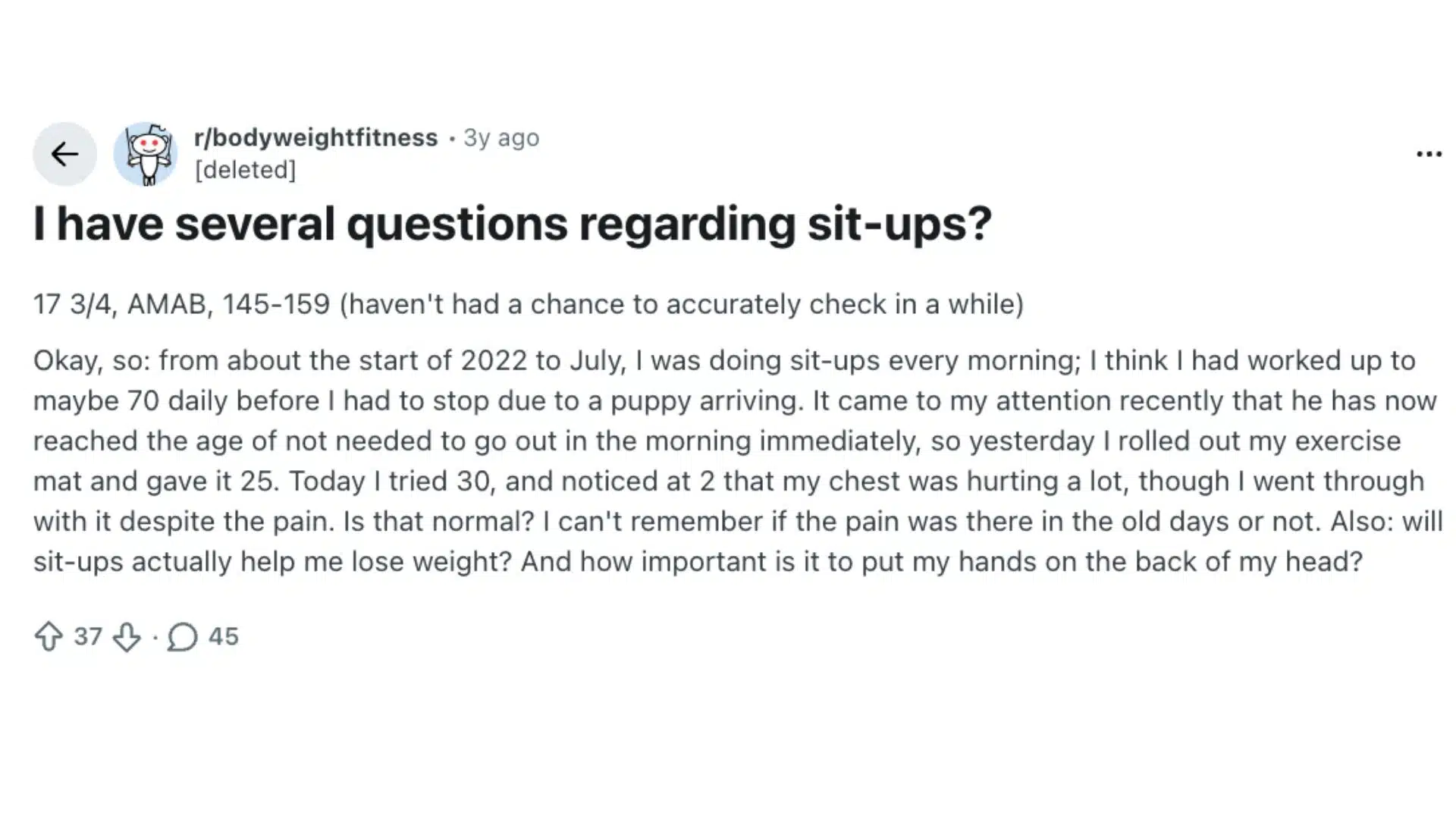 user asks if chest pain during sit-ups is normal, their weight loss effectiveness, and hand placement