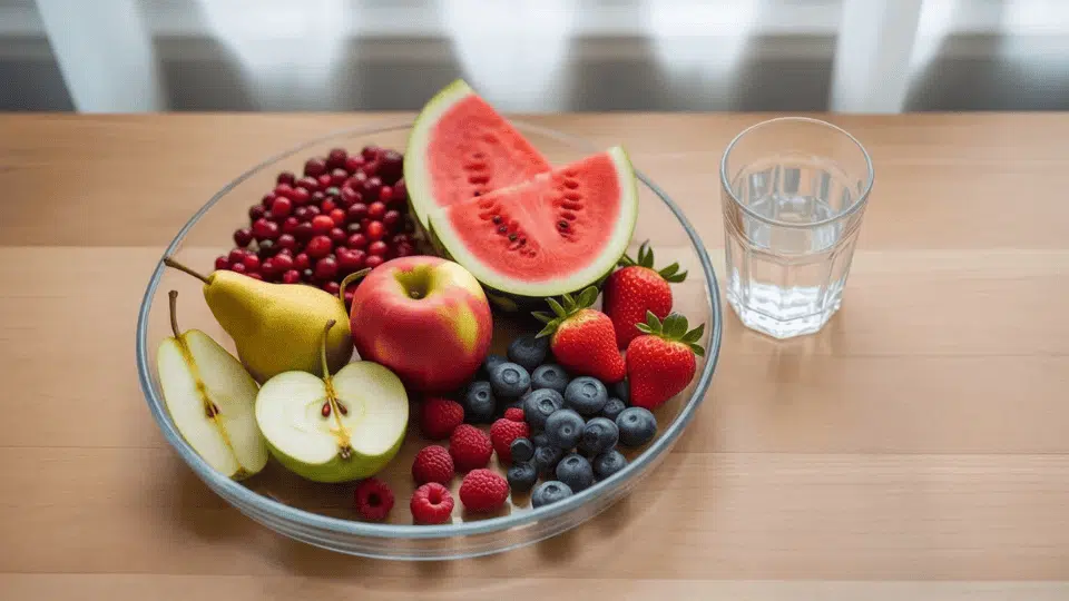 uti friendly fruits including cranberries watermelon apples berries and yogurt on a table