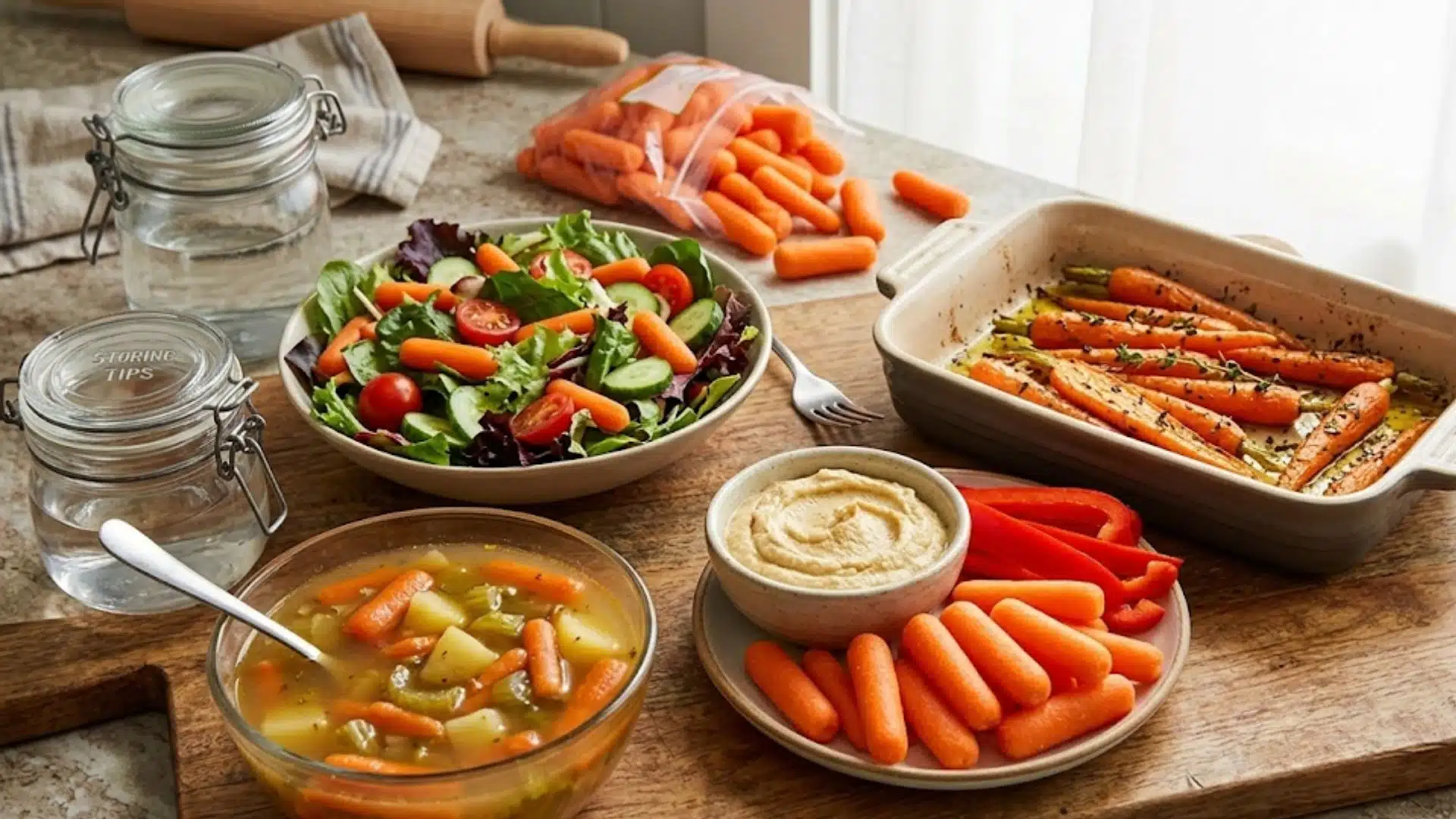 variety of baby carrot dishes, including fresh salad, roasted carrots, hearty soup, and a hummus dip, on a wooden counter