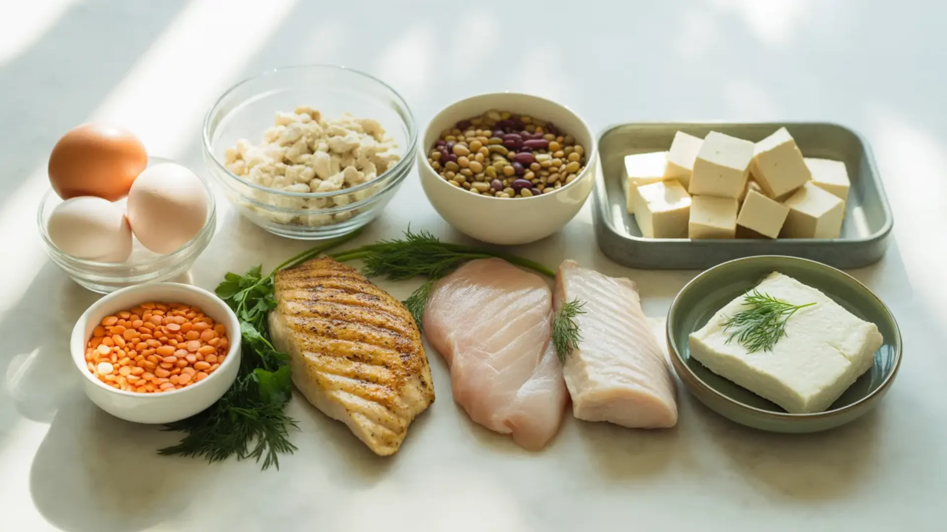 various lean proteins like grilled chicken, fish, eggs, tofu, beans, and lentils arranged on a white surface