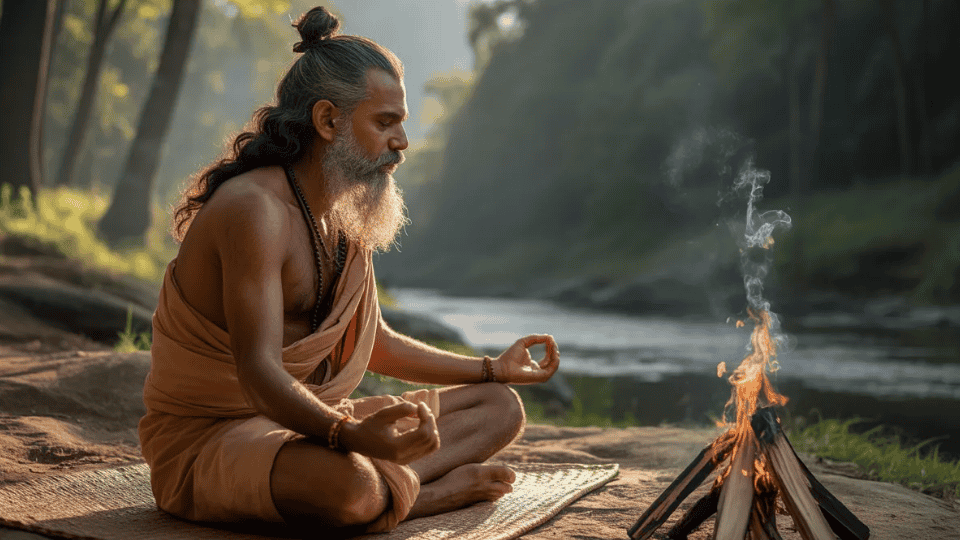 vedic yogi meditating beside a sacred fire near a forest river, symbolizing early yogic discipline and spiritual practice in ancient India