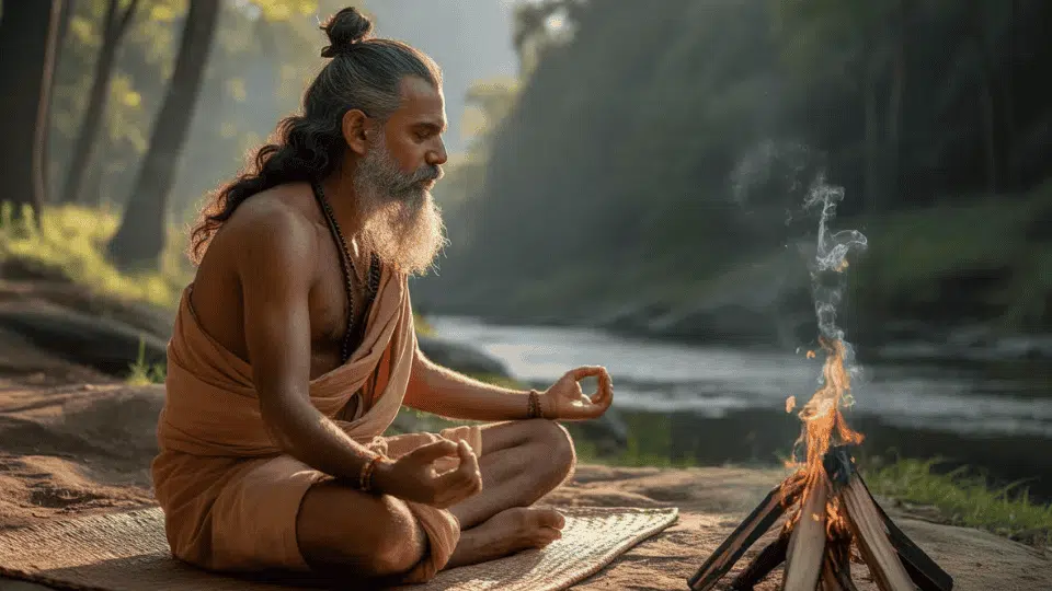 vedic yogi meditating beside a sacred fire near a forest river, symbolizing early yogic discipline and spiritual practice in ancient India
