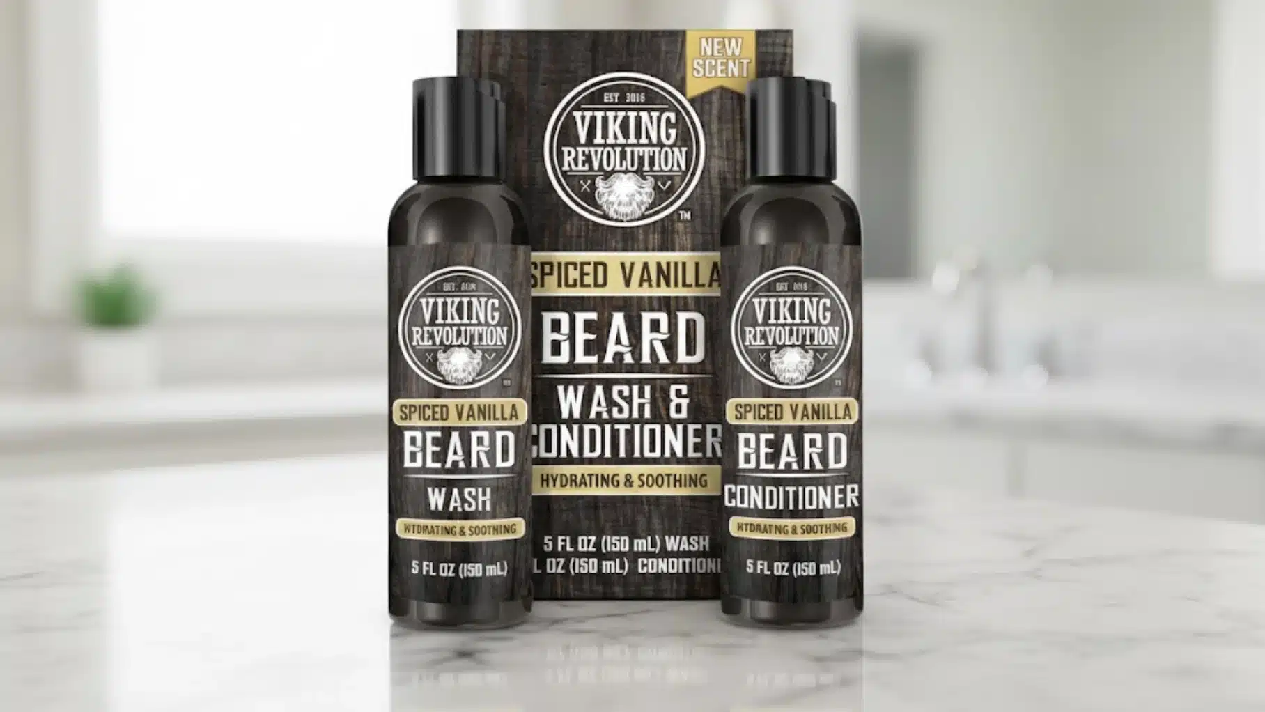 viking revolution spiced vanilla beard wash and conditioner bottles with branded packaging box on a marble counter