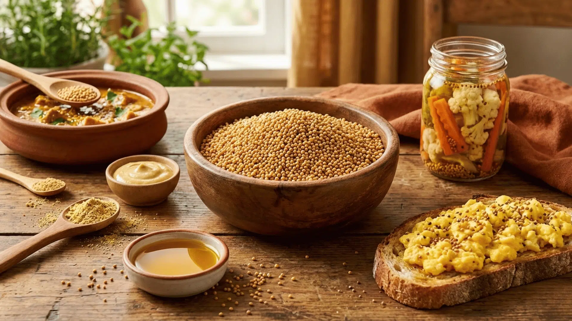 warm, rustic kitchen scene with mustard seeds, sauces, and pickled veggies