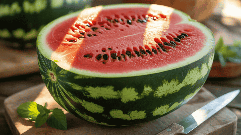 watermelon cut in half showing red flesh and black seeds naturally high in potassium for healthy fruit diet
