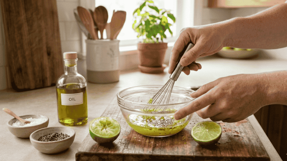 whisking lime juice, olive oil, salt, and pepper in a glass bowl on a wooden board in a bright kitchen