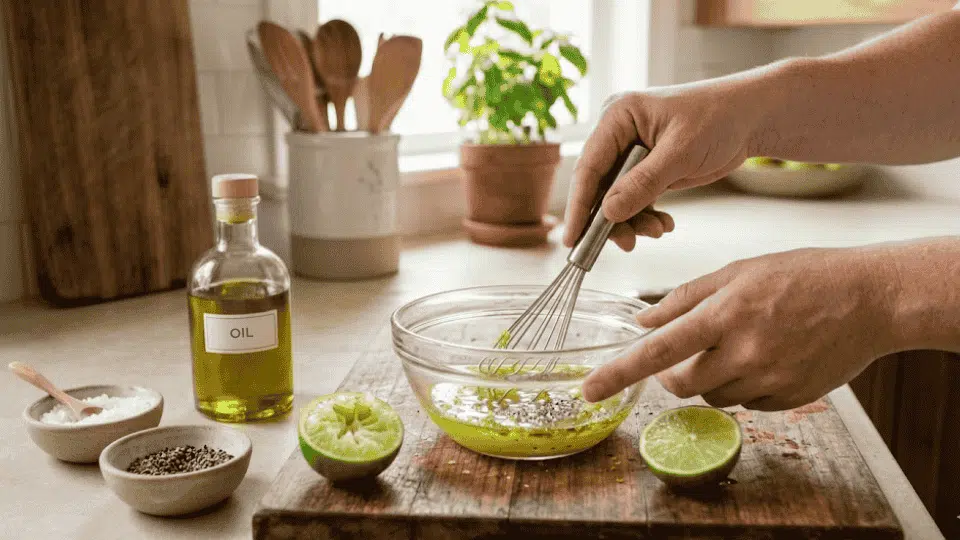 whisking lime juice, olive oil, salt, and pepper in a glass bowl on a wooden board in a bright kitchen