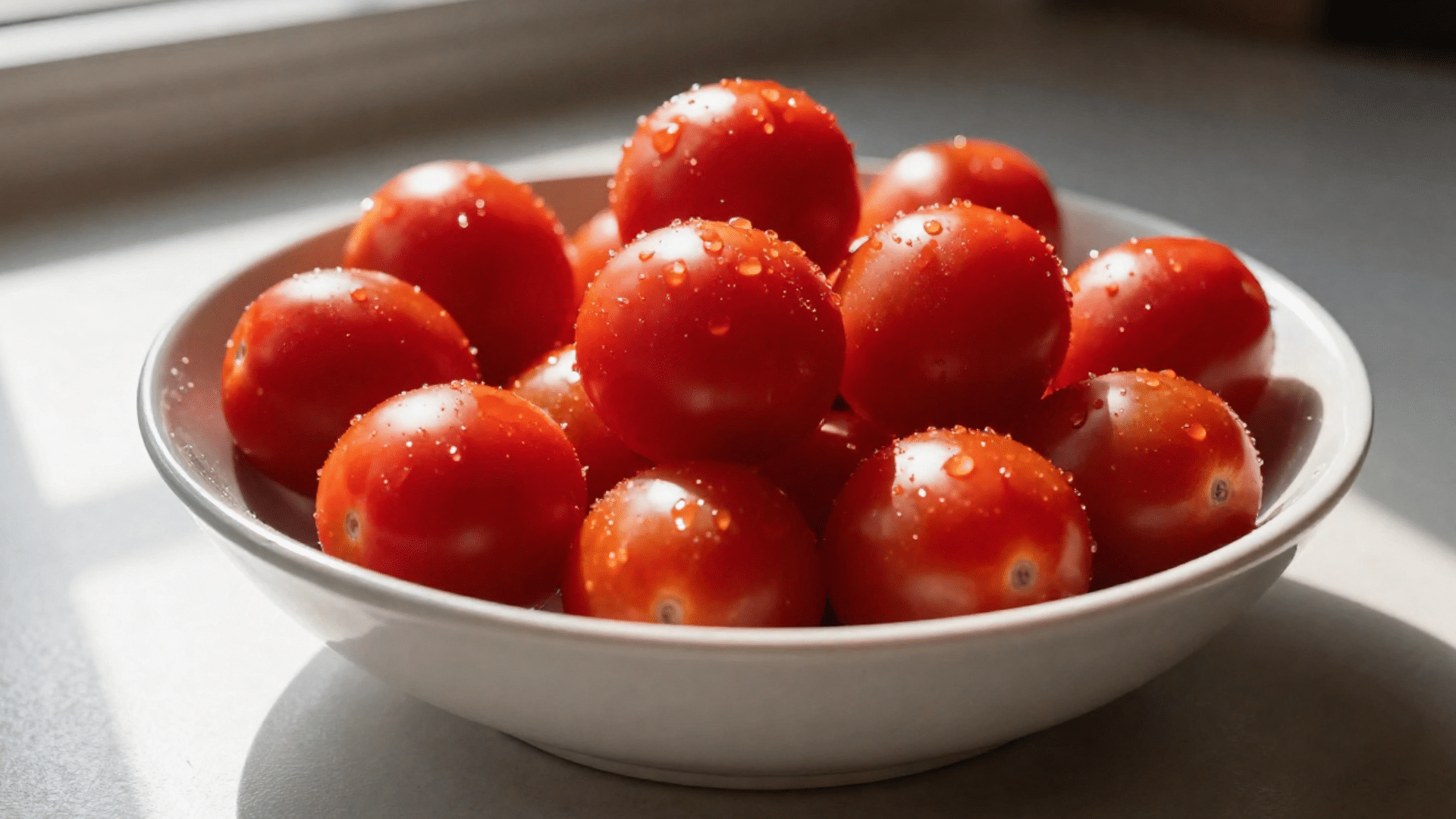 white bowl overflowing with fresh, vibrant red cherry tomatoes covered in glistening water droplets under bright, natural sunlight