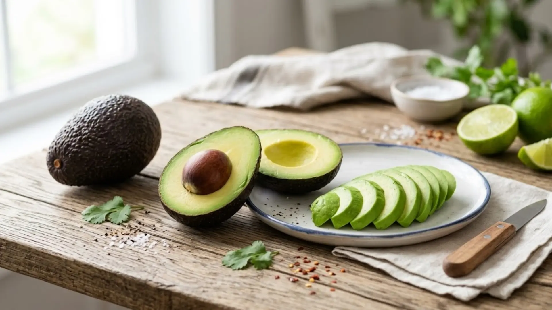 whole and sliced avocado on a wooden table with lime halves, cilantro, and red pepper flakes for a healthy snack