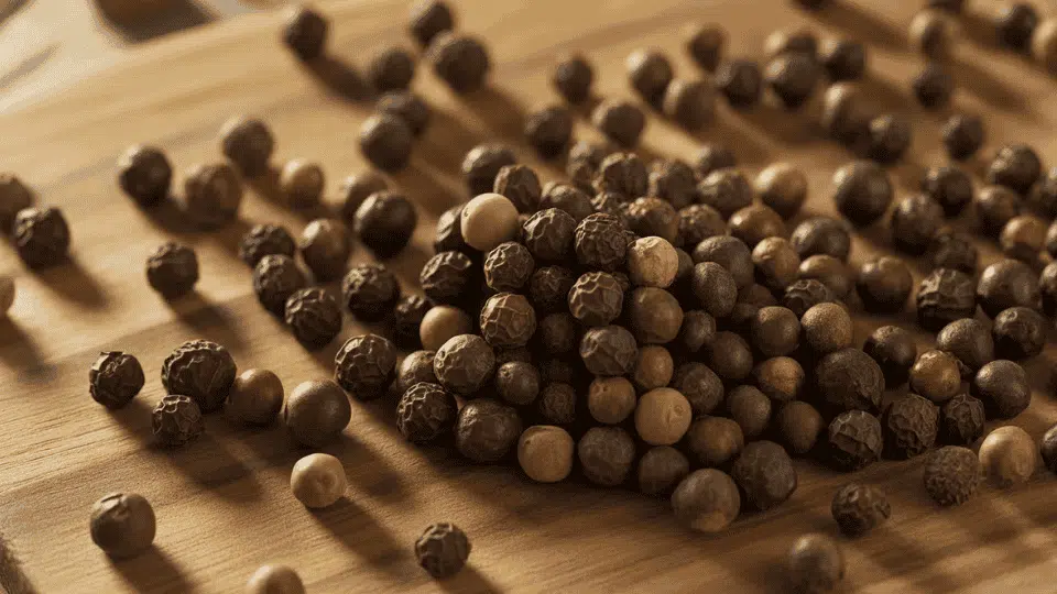 whole black peppercorns on a wooden surface, a common spice used to support digestion and weight loss efforts