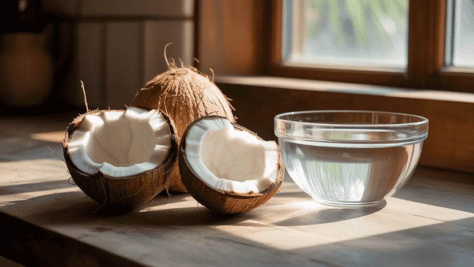_whole coconut on sandy beach with palm leaves naturally high in potassium for healthy fruit diet and nutrition