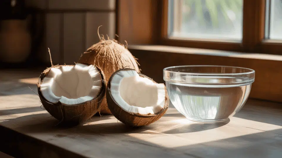 _whole coconut on sandy beach with palm leaves naturally high in potassium for healthy fruit diet and nutrition