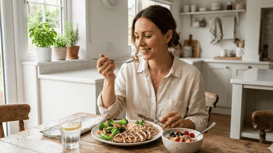 woman eating a balanced meal with grilled chicken, vegetables, grains, and yogurt with berries in a bright kitchen setting