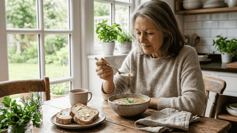 woman eating warm homemade soup with a spoon at a wooden table in a bright kitchen, with bread and herbs nearby