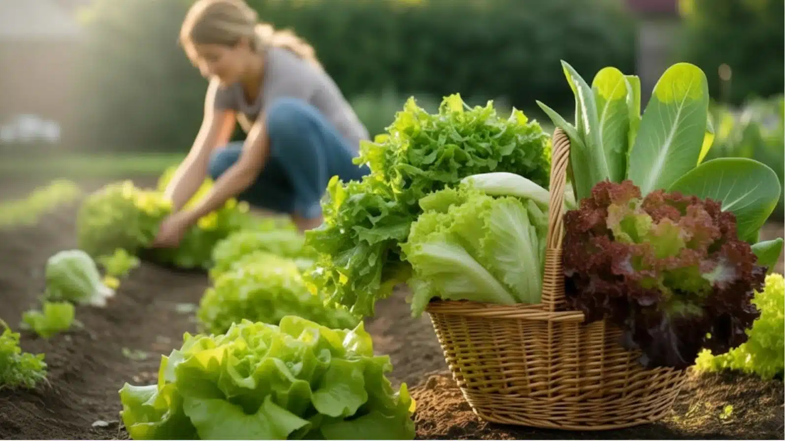 woman harvesting fresh lettuce in garden, and a basket filled with green and red leafy vegetables in foreground sunlight
