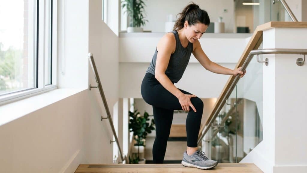 woman in athletic wear pauses on a bright staircase, holding her knee with an expression of mild physical discomfort
