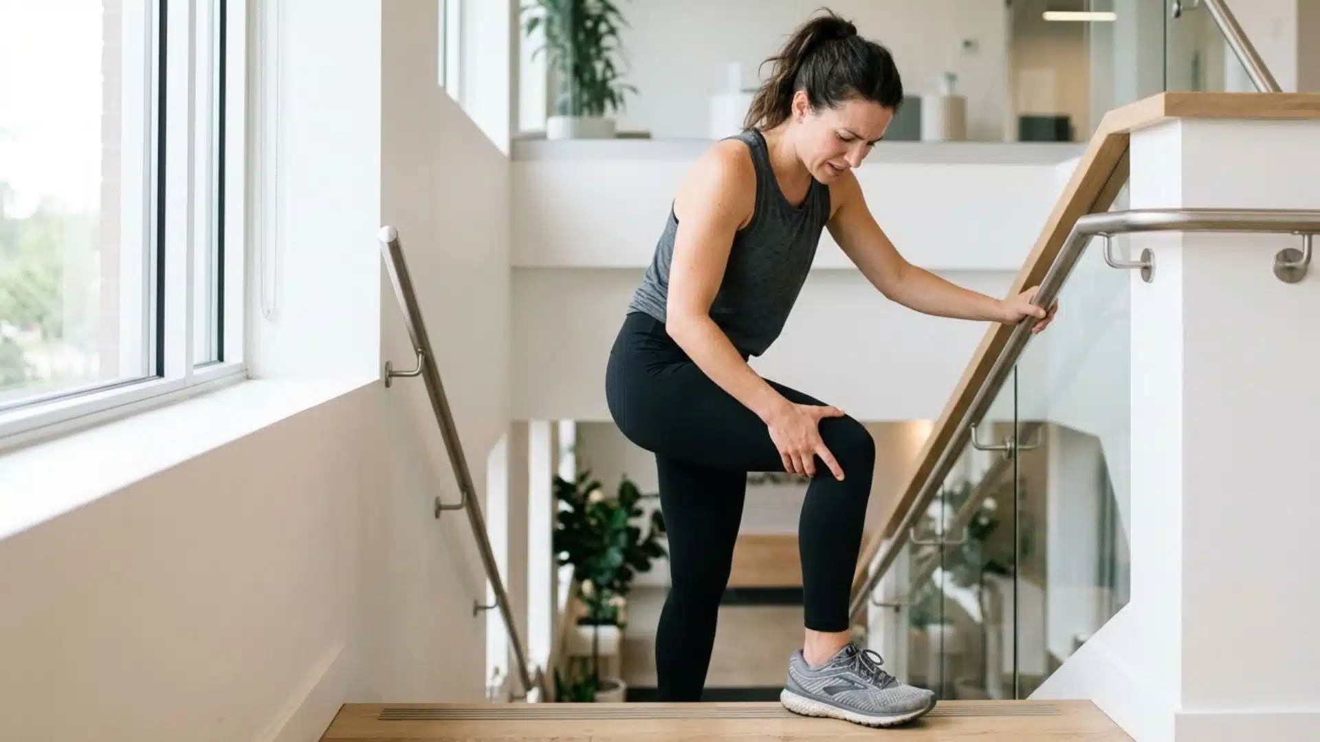 woman in athletic wear pauses on a bright staircase, holding her knee with an expression of mild physical discomfort