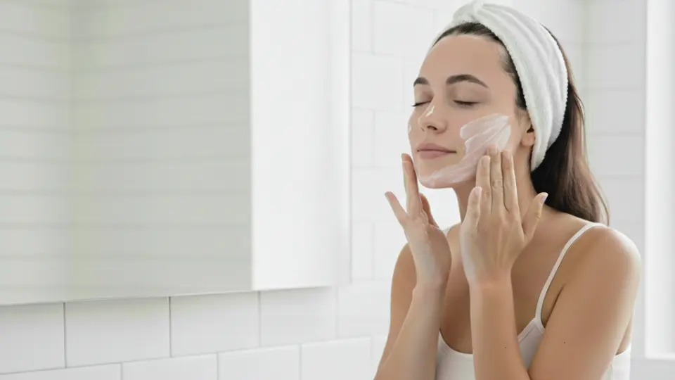 woman in white tank top applying white cream moisturizer to her cheeks in a bright bathroom with a white tiled wall and sink