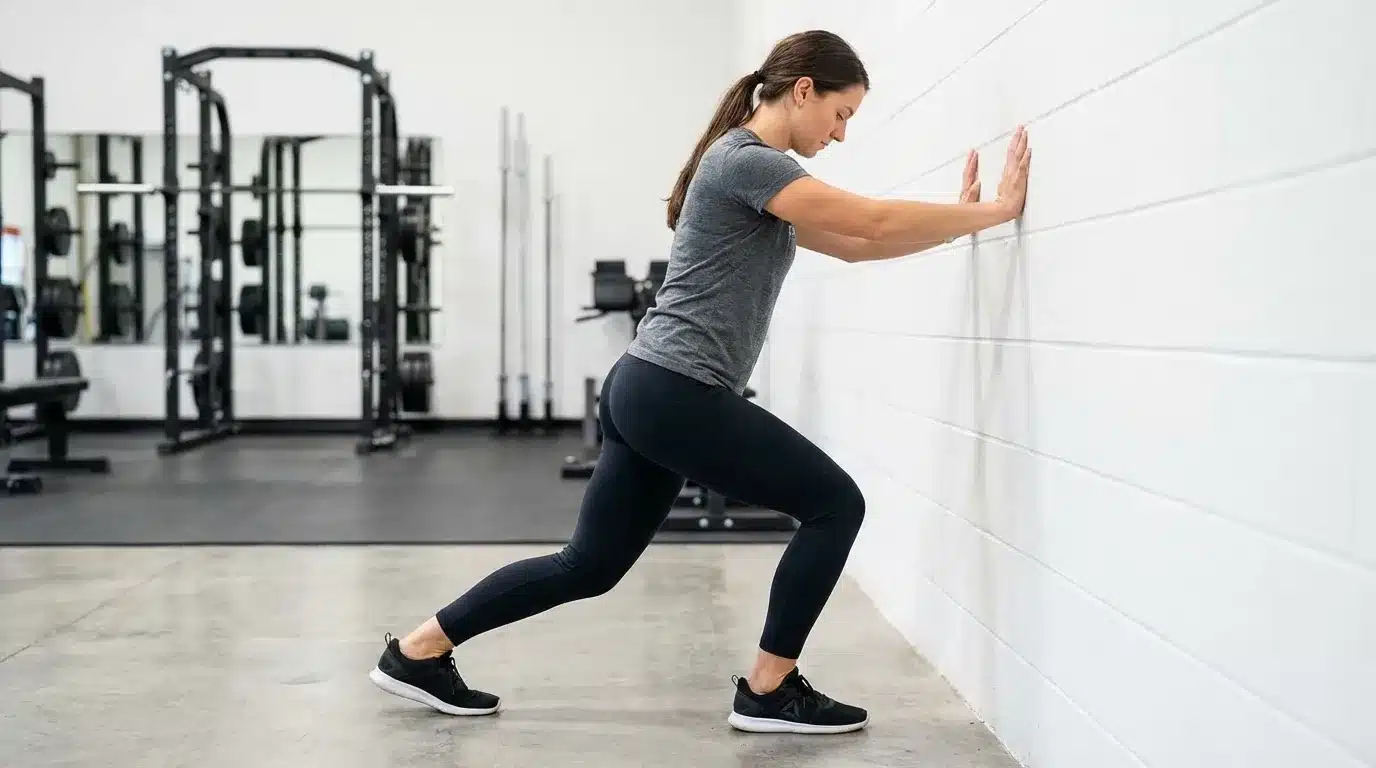 woman performing wall calf stretch in gym, leaning forward with hands on wall, wearing athletic clothes and sneakers